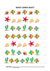 Fototapeta premium Underwater themed educational logic game training sequential pattern recognition skills: What comes next in the sequence? Answer included. 