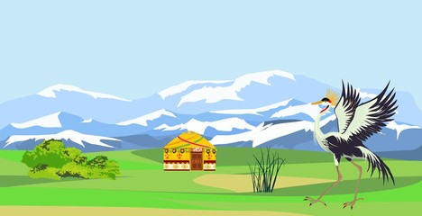 Kazakhstan countryside and nature vector illustration, crane bird and jurt house.