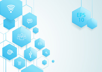 Abstract blue hexagons social icon technology concept background