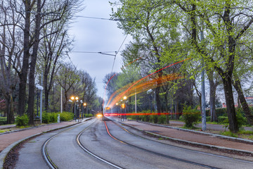 Tram lines in Florence at sunrise
