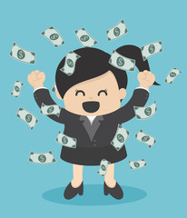 Happy business woman money rain throwing money up Business concept cartoon illustration
