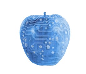 Electronic blue apple isolated on white background.