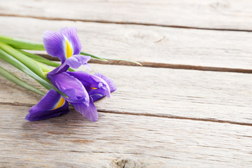 Purple iris flower on grey wooden table