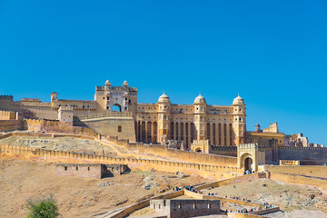 The impressive landscape and cityscape at Amber Fort, famous travel destination in Jaipur, Rajasthan, India.
