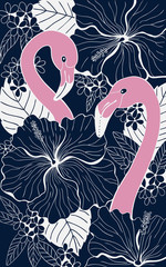 Two flamingos among hibiscus and plumeria flowers and leaves. Tropical summer background.