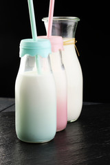 milk products - tasty healthy dairy products on a table on: and