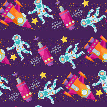 An astronaut and a rocket in space. Seamless background pattern.