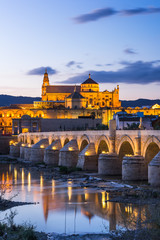 Cordoba, Spain view of the Roman Bridge and Mosque-Cathedral at twilight