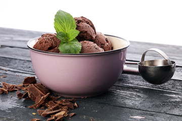 Chocolate coffee ice cream ball in a bowl