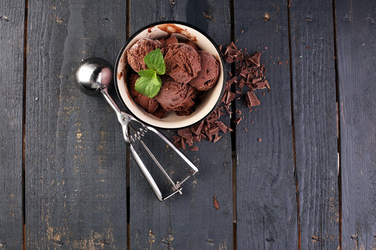Chocolate coffee ice cream ball in a bowl