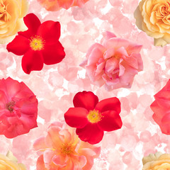Seamless photo rose floral pattern on watercolor texture