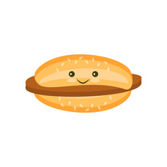 Flat Kawaii burger with chop and sesame icon isolated on white background