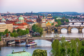 Prague bridges, city sunset panorama, Czech Republic