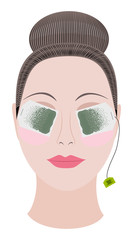 Beautiful woman relaxes her eyes with sachets of green tea