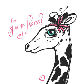 Very cute giraffe girl with flower on her had. Nice vector illustration. Cartoon character. Fashion style.