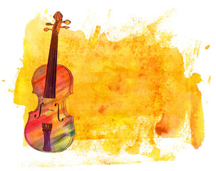 Watercolor violin on golden texture with notes and copyspace © laplateresca