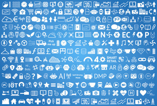 Internet of things , iot , smart home , car , industry 4.0 , agriculture , fintech , retail , smart city concept. White Info graphic Technology, Industrial icons on blue background.