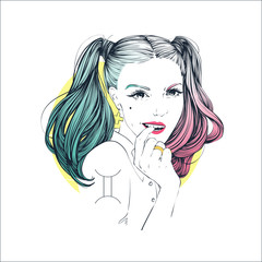 Zodiac: Illustration of Gemini zodiac sign as a beautiful girl. Vector zodiac illustration. Comic style fashion illustration.