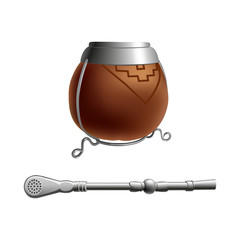 Isolated colored realistic brown calabash for yerba mate, paraguay tea with prop and metal syphon stick bombilla on white background.