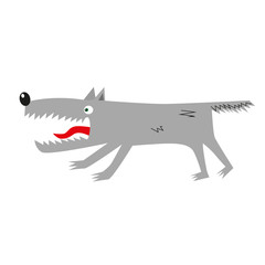 Isolated hand drawn cartoon grey or gray wolf with open mouth on white background.