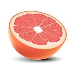Isolated colored half of juicy pink grapefruit with shadow on white background. Realistic.
