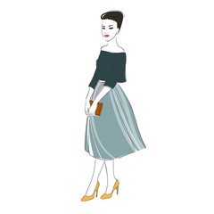 Beautiful dark hair young women in blouse, high heel shoes and midi skirt with handbag with. Hand drawn illustration.