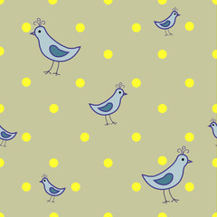 Seamless pattern of the little blue birds and cute yellow polka dots on the gray background. Can be used to create paper for wrapping gifts, wallpaper for children's rooms and fabrics, home textile