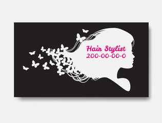White silhouette of woman with long hair and butterflies. Templa