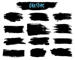 Obraz premium Vector Set of brush acrylic strokes. Black color on white background. Hand painted grange elements. Ink drawing. Dirty artistic design . Place for text, quote, information, company name.