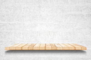Empty top wooden shelves and concrete wall background.