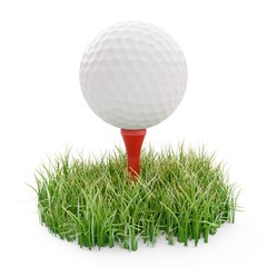 3d rendering golf ball on red tee and green grass isolated on white