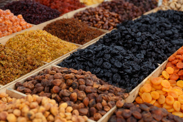 Variety of dried fruits and nuts for sale