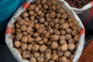 Walnuts in a bag on fair.