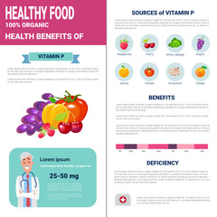 Obraz premium Healthy Food Infographics Products With Vitamins, Health Nutrition Lifestyle Concept Flat Vector Illustration