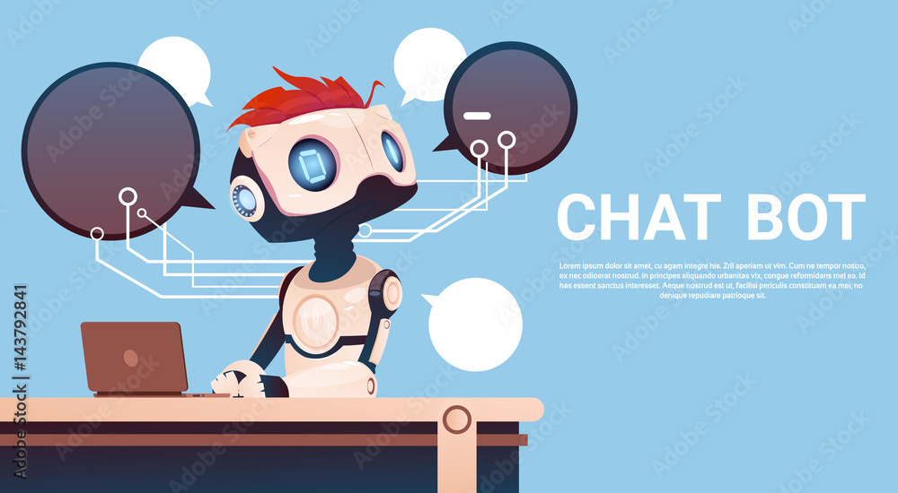 Poster chat bot using laptop computer, robot virtual assistance of website or mobile applications, artifici