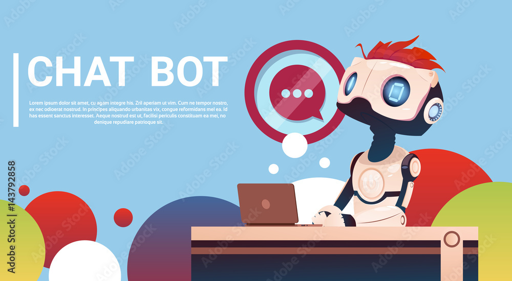 Poster chat bot using laptop computer, robot virtual assistance of website or mobile applications, artifici