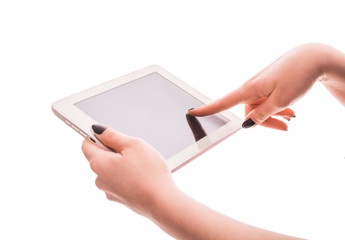 Tablet in hand on a white background