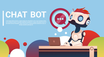 Chat Bot Using Laptop Computer, Robot Virtual Assistance Of Website Or Mobile Applications, Artificial Intelligence Concept Flat Vector Illustration