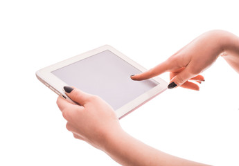 Tablet in hand on a white background