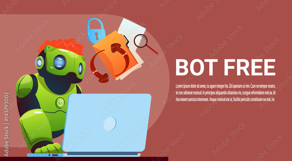 Poster chat bot using laptop computer, robot virtual assistance of website or mobile applications, artifici