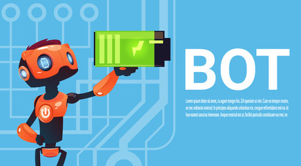 Chat Bot Hold Battery, Robot Virtual Assistance Element Of Website Or Mobile Applications, Artificial Intelligence Concept Flat Vector Illustration