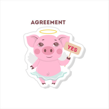 Pig says yes. Isolated cute sticker on white background.