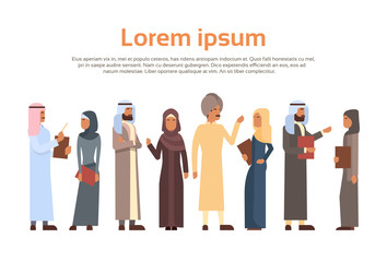 Muslim People Crown Business Man and Woman Traditional Clothes Arabic Characters Flat Vector Illustration