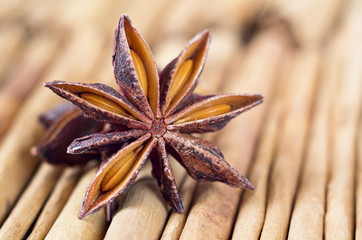 A star anise with on cinnamon sticks. Selective focus.