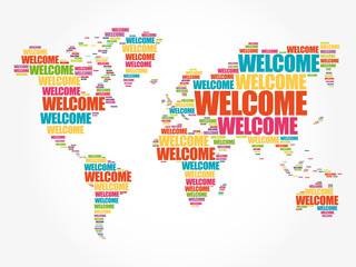 Fototapeta na wymiar WELCOME World Map in Typography word cloud, business conceptual background