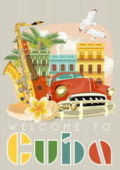 Cuba attraction and sights - travel postcard concept. Vector illustration with traditional Cuban architecture, colourful buildings, car, guitar, cigars, cocktail, flag. Design elements for poster. - 143794094