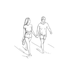 Romantic Couple Hold Hand Walking Man And Woman Sketch Vector Illustration