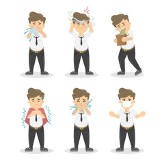 Fototapeta premium Man with symptoms set on white background. Cold, vomiting, headache and more.
