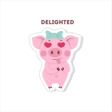 Happy pig in love. Isolated cute sticker on white background.