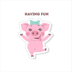 Obraz na płótnie Canvas Pig is having fun. Isolated cute sticker on white background.